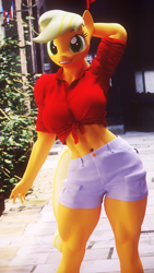 Size: 2160x3840 | Tagged: safe, artist:dashie116, applejack, earth pony, anthro, g4, 3d, abs, alley, applebucking thighs, breasts, busty applejack, cinema 4d, clothes, denim shorts, explicit source, female, front knot midriff, high res, looking at you, mare, midriff, muscles, smiling, solo