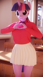 Size: 2160x3840 | Tagged: safe, artist:dashie116, twilight sparkle, anthro, g4, 3d, cinema 4d, classroom, clothes, explicit source, female, heart, heart hands, high res, looking at you, mare, necktie, shirt, skirt, solo