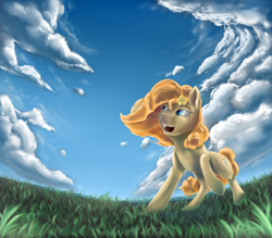 Size: 2000x1750 | Tagged: safe, artist:com3tfire, pear butter, earth pony, pony, g4, cloud, digital art, drawing