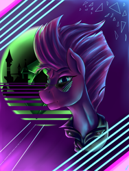 Size: 1500x2000 | Tagged: safe, artist:com3tfire, tempest shadow, pony, unicorn, g4, 80s, bust, clothes, digital art, drawing, female, jacket, portrait, solo, sunglasses, synthwave