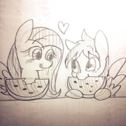 Size: 640x640 | Tagged: safe, artist:kyubi, fluttershy, rainbow dash, pegasus, pony, black and white, blushing, duo, eye contact, female, floating heart, food, grayscale, heart, looking at each other, mare, monochrome, pencil drawing, spread wings, traditional art, watermelon, wings