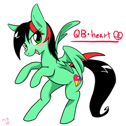 Size: 600x600 | Tagged: safe, artist:kyubi, oc, oc only, oc:qb heart, pegasus, pony, blushing, female, looking at you, mare, rearing, simple background, solo, white background
