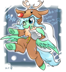 Size: 589x640 | Tagged: safe, artist:kyubi, oc, oc only, pegasus, pony, animal costume, blushing, clothes, costume, deer costume, japanese, one eye closed, smiling, solo, spread wings, wings