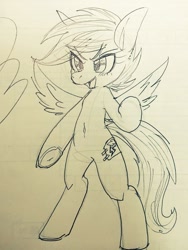 Size: 768x1024 | Tagged: safe, artist:kyubi, scootaloo, pegasus, pony, g4, bipedal, black and white, blank flank, fake cutie mark, female, filly, grayscale, monochrome, open mouth, pencil drawing, solo, spread wings, traditional art, underhoof, wings