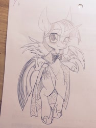 Size: 768x1024 | Tagged: safe, artist:kyubi, twilight sparkle, alicorn, pony, g4, bipedal, black and white, clothes, female, grayscale, hoof shoes, looking at you, mare, monochrome, pencil drawing, see-through, smiling, spread wings, traditional art, twilight sparkle (alicorn), wings