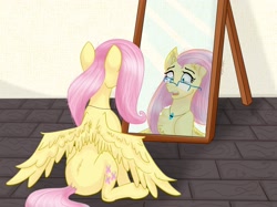 Size: 2048x1533 | Tagged: safe, artist:arby_lakeripple, fluttershy, pony, g4, chest fluff, female, glasses, human to pony, implied transformation, implied transgender transformation, jewelry, male to female, mare, mirror, necklace, post-transformation, reflection, sitting, solo, spread wings, surprised, teary eyes, transformation, wings