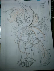 Size: 960x1280 | Tagged: safe, artist:kyubi, scootaloo, pony, g4, ball, bipedal, blushing, clothes, female, hoof boots, jacket, scarf, shirt, shorts, solo, traditional art, winter boots