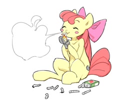 Size: 866x697 | Tagged: safe, artist:iizuna, apple bloom, earth pony, pony, g4, adorabloom, cigarette, cute, female, happy, lighter, simple background, smoking, solo, white background