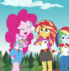 Size: 437x450 | Tagged: safe, screencap, pinkie pie, rainbow dash, sunset shimmer, equestria girls, g4, my little pony equestria girls: legend of everfree, animated, confetti, cropped, cute, diapinkes, female, throwing