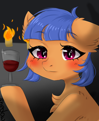 Size: 1356x1642 | Tagged: safe, artist:star_dust, oc, oc only, earth pony, pony, abstract background, alcohol, blushing, bust, candle, chest fluff, cute, drink, ear fluff, earth pony oc, female, fluffy, glass, looking at you, mare, portrait, simple background, solo, wine, wine glass