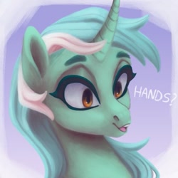 Size: 571x572 | Tagged: safe, artist:violettacamak, lyra heartstrings, pony, unicorn, g4, bust, cute, dialogue, female, hand, lyrabetes, mare, open mouth, portrait, solo, that pony sure does love hands