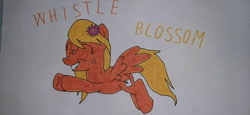 Size: 640x294 | Tagged: safe, artist:electric spark, oc, oc only, oc:whistle blossom, pegasus, pony, cute, eyes closed, female, flower, flower in hair, flying, grin, pegasus oc, simple background, smiling, text, traditional art, whistlebetes, white background, wings