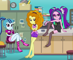 Size: 3192x2648 | Tagged: safe, alternate version, artist:charliexe, artist:grapefruitface1, adagio dazzle, aria blaze, sonata dusk, equestria girls, find the magic, g4, my little pony equestria girls: better together, ashtray, ass, bare shoulders, barefoot, base used, blushing, book, breasts, butt, cigarette, cleavage, clock, clothes, desk, feet, female, food, high res, legs, looking at you, office, pigtails, ponytail, resting bitch face, schrödinger's pantsu, show accurate, sleeveless, smoking, socks, sonata donk, stocking feet, stockings, strapless, taco, taco dress, the dazzlings, thigh highs, thighs, trio, trio female, twintails