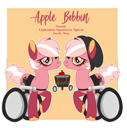 Size: 793x801 | Tagged: safe, artist:lemonkaiju, oc, oc only, oc:apple bobbin, earth pony, pony, female, magical lesbian spawn, mare, offspring, parent:apple bloom, parent:cozy glow, parents:cozybloom, solo, wheelchair