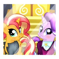 Size: 512x512 | Tagged: safe, artist:fiona984, artist:perplexedpegasus, artist:themune, starlight glimmer, sunset shimmer, pony, unicorn, g4, the last problem, bags under eyes, base used, blushing, clothes, duo, duo female, female, grin, jacket, leather jacket, lesbian, mare, older, older starlight glimmer, older sunset, school of friendship, ship:shimmerglimmer, shipping, shirt, smiling, suit