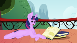 Size: 3840x2160 | Tagged: safe, artist:rise_of_evil_69, twilight sparkle, pony, unicorn, g4, balcony, book, ear fluff, ears, eye, eyes, female, golden oaks library, high res, hooves, looking at you, mare, nature, open mouth, sky, smiling, smiling at you, solo, tree, unicorn twilight