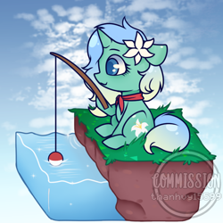 Size: 780x780 | Tagged: safe, artist:helithusvy, oc, oc only, oc:lily pond, pony, unicorn, chibi, commission, female, fishing, fishing rod, flower, flower in hair, mare, solo, ych result