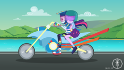 Size: 7257x4082 | Tagged: safe, artist:xytranix, rainbow dash, sci-twi, twilight sparkle, human, equestria girls, fomo, g4, my little pony equestria girls: better together, bowtie, clothes, cloud, converse, female, geode of super speed, geode of telekinesis, helmet, jacket, lake, lesbian, magical geodes, motorcycle, mountain, pants, road, ship:sci-twidash, ship:twidash, shipping, shoes, skirt, sneakers, visor