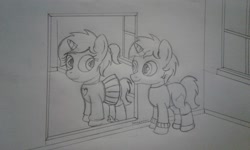 Size: 2560x1536 | Tagged: safe, artist:peternators, oc, pony, clothes, colt, female, filly, male, mary janes, mirror, monochrome, ponytail, rule 63, self ponidox, shoes, shorts, sketch, skirt, socks, sweater, traditional art