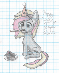 Size: 2617x3235 | Tagged: safe, artist:solder point, oc, oc only, oc:solder point, earth pony, pony, birthday, cake, cel shading, chest fluff, cute, cutie mark, ear fluff, food, graph paper, happy, happy birthday, hat, high res, leg fluff, noisemaker, party, party hat, shading, signature, sitting, solo, traditional art