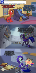 Size: 1203x2404 | Tagged: safe, artist:ruffu, oc, oc only, oc:cordovan, oc:pun, earth pony, pony, ask pun, agent 707, armor, ask, comic, duo, female, file, glasses, hoof hold, male, mare, night guard armor, stallion