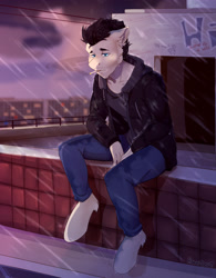 Size: 2457x3145 | Tagged: safe, artist:hakkids2, oc, oc only, oc:lancer, earth pony, anthro, cigarette, high res, rain, solo