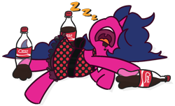 Size: 1400x850 | Tagged: safe, artist:threetwotwo32232, oc, oc only, oc:fizzy pop, pony, clothes, coke, dress, onomatopoeia, simple background, sleeping, snoring, soda, solo, sound effects, transparent background, zzz