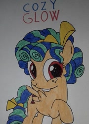 Size: 425x590 | Tagged: safe, artist:electric spark, cozy glow, g4, bow, cozybetes, cute, female, filly, foal, hair bow, looking at you, pure concentrated unfiltered evil of the utmost potency, pure unfiltered evil, raised hoof, simple background, smiling, smiling at you, tail bow, text, traditional art, white background