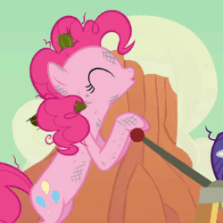 Size: 480x480 | Tagged: safe, screencap, pinkie pie, rarity, earth pony, pony, unicorn, derpibooru, the last roundup, animated, cropped, eyes closed, female, forced juxtaposition, gif, juxtaposition, juxtaposition win, mare, meme, meta, offscreen character, open mouth, pinkie pie is amused, solo focus