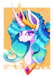 Size: 1358x1920 | Tagged: safe, artist:rariedash, princess celestia, pony, g4, abstract background, bust, crown, ear fluff, female, jewelry, looking at you, mare, portrait, regalia, solo