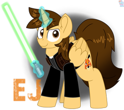 Size: 1837x1637 | Tagged: safe, artist:rainbow eevee, oc, oc only, oc:ej, alicorn, pony, alicorn oc, aura, brown eyes, clothes, cute, determined, folded wings, grin, horn, lightsaber, looking at you, magic, male, simple background, smiling, solo, star wars, telekinesis, transparent background, weapon, wings