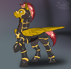 Size: 1034x1000 | Tagged: safe, artist:sunny way, oc, oc only, pegasus, pony, armor, armored pony, feather, guard, hemlet, hooves up, male, patreon, patreon reward, royal guard, serious, serious face, sketch, solo, stallion, wings