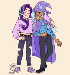 Size: 1280x1378 | Tagged: safe, artist:hopehound, starlight glimmer, trixie, human, g4, belt, cape, clothes, converse, dark skin, duo, female, grin, hat, humanized, jeans, looking at each other, midriff, pants, shirt, shoes, smiling, socks, striped socks, sweater, torn clothes, trixie's cape, trixie's hat, wand