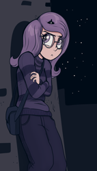 Size: 3631x6412 | Tagged: safe, artist:paskanaakka, derpibooru exclusive, princess luna, human, g4, absurd resolution, clothes, crossed arms, female, freckles, glasses, grumpy, humanized, leaning, night, s1 luna, solo, sweater