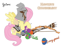 Size: 4268x3201 | Tagged: safe, artist:gutovi, fluttershy, g4, armor, armored pony, arrow, badass, bow (weapon), bow and arrow, craft, crossover, dark souls, flutterbadass, hawkeye gough, helmet, knit, knitting, knitting needles, simple background, transparent background, weapon