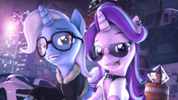 Size: 3840x2160 | Tagged: safe, artist:calveen, starlight glimmer, trixie, pony, unicorn, g4, 3d, alternate hairstyle, aviator sunglasses, bottle, bridge, building, car, chromatic aberration, clothes, collar, duo, ear piercing, earring, fence, glasses, high res, jacket, jewelry, laughing, leather jacket, looking at you, piercing, porsche 918, shirt, sign, signature, slasher smile, source filmmaker, sunglasses, tongue out, train