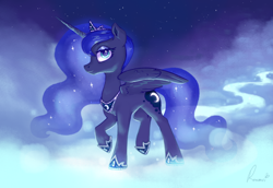 Size: 1280x881 | Tagged: safe, artist:roaert, artist:rosafi, princess luna, alicorn, pony, g4, crown, female, jewelry, mare, night, profile, redraw, regalia, sky, solo, stars