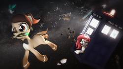 Size: 3840x2160 | Tagged: safe, artist:star-lightstarbright, oc, oc only, oc:claire, oc:red ace, pony, 3d, dalek, doctor who, female, high res, mare, mouth hold, sonic screwdriver, tardis