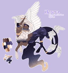 Size: 1461x1567 | Tagged: safe, artist:luuny-luna, oc, oc only, oc:yozora, hybrid, sphinx, blue background, chest fluff, ethereal mane, female, hair jewelry, head wings, jewelry, simple background, solo, starry mane, tail wings, white outline, wings