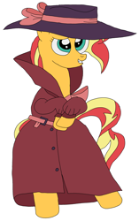 Size: 1984x3152 | Tagged: safe, artist:hubfanlover678, sunset shimmer, pony, unicorn, g4, clothes, fedora, female, hat, solo, trenchcoat