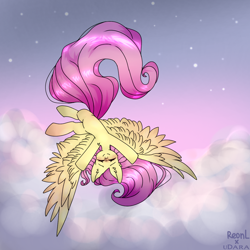 Size: 1200x1200 | Tagged: safe, artist:reonletaviio, fluttershy, pegasus, pony, g4, cloud, evening, eyes closed, flying, spread wings, stars, wings