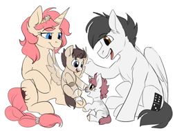 Size: 1250x950 | Tagged: safe, artist:cosmalumi, oc, oc only, oc:arcane word, oc:domino, pegasus, pony, unicorn, fanfic:friendship is optimal, cutie mark, family, father and child, female, foal, male, mare, mother and child, offspring, parents:oc x oc, stallion, trans female