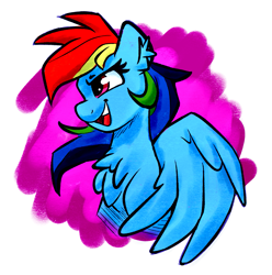 Size: 1509x1521 | Tagged: safe, artist:graphene, rainbow dash, pegasus, pony, g4, abstract background, bust, chest fluff, ear fluff, female, mare, open mouth, profile, solo