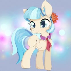 Size: 1024x1024 | Tagged: safe, artist:zokkili, coco pommel, earth pony, pony, g4, blurry background, cocobetes, cute, ear fluff, female, mare, raised leg, smiling, solo