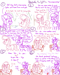 Size: 4779x6013 | Tagged: safe, artist:adorkabletwilightandfriends, lily, lily valley, spike, twilight sparkle, alicorn, dragon, earth pony, pony, comic:adorkable twilight and friends, g4, adorkable, adorkable twilight, awkward, awkward conversation, comic, company, couch, cute, dork, entertaining, friendship, guest, humor, inner thoughts, living room, necktie, rain, relationship, saved by my friends, sitting, small talk, suitcase, talking, thinking, thoughts, twilight sparkle (alicorn), wet