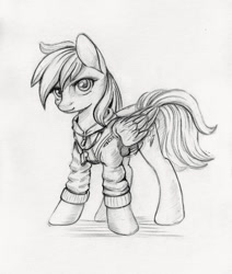 Size: 997x1173 | Tagged: safe, artist:maytee, rainbow dash, pegasus, pony, g4, clothes, female, grayscale, hoodie, monochrome, pencil drawing, solo, traditional art, whistle