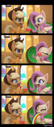 Size: 1288x3000 | Tagged: safe, edit, edited screencap, editor:teren rogriss, screencap, applejack, fluttershy, earth pony, pegasus, pony, fluttershy's hiccups, g4.5, my little pony: stop motion short, bottle, comic, eyes closed, female, fluttershy's cottage, gritted teeth, hooves, mare, open mouth, potion, puking rainbows, screencap comic, smiling, spread wings, stop motion, vomiting, wings