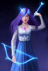 Size: 2203x3274 | Tagged: safe, artist:solojian, rarity, human, g4, arrow, bow (weapon), clothes, cutie mark, dress, element of generosity, female, hairclip, high res, horn, horned humanization, humanized, magic, solo