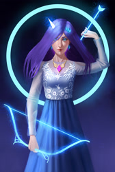 Size: 2203x3274 | Tagged: safe, alternate version, artist:solojian, rarity, human, g4, abstract background, arrow, bow (weapon), clothes, cutie mark, dress, element of generosity, female, hairclip, high res, horn, horned humanization, humanized, magic, solo