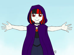 Size: 1500x1105 | Tagged: safe, artist:vetrina-271, oc, oc only, oc:raven moon, human, monster girl, vampire, equestria girls, g4, arms wide open, black dress, blue background, cloak, clothes, dress, female, gem, gold, goth, hug, jewelry, light skin, pendant, purple, red eyes, ruby, simple background